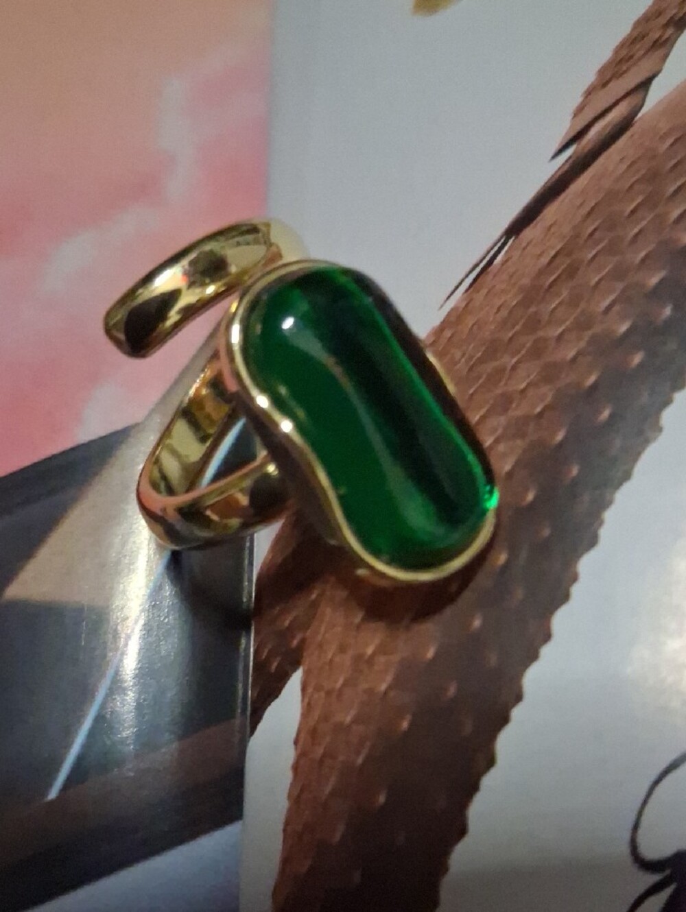 Gold Ring with Emerald Green Stone - Women's Fashion Ring